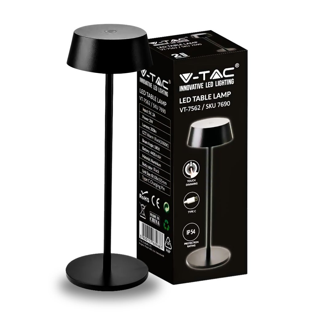 Lampa stołowa LED 2W, kolor czarny, aluminium, ładowalna, z funkcją dotykową USB-C, ściemnialna do 3000K