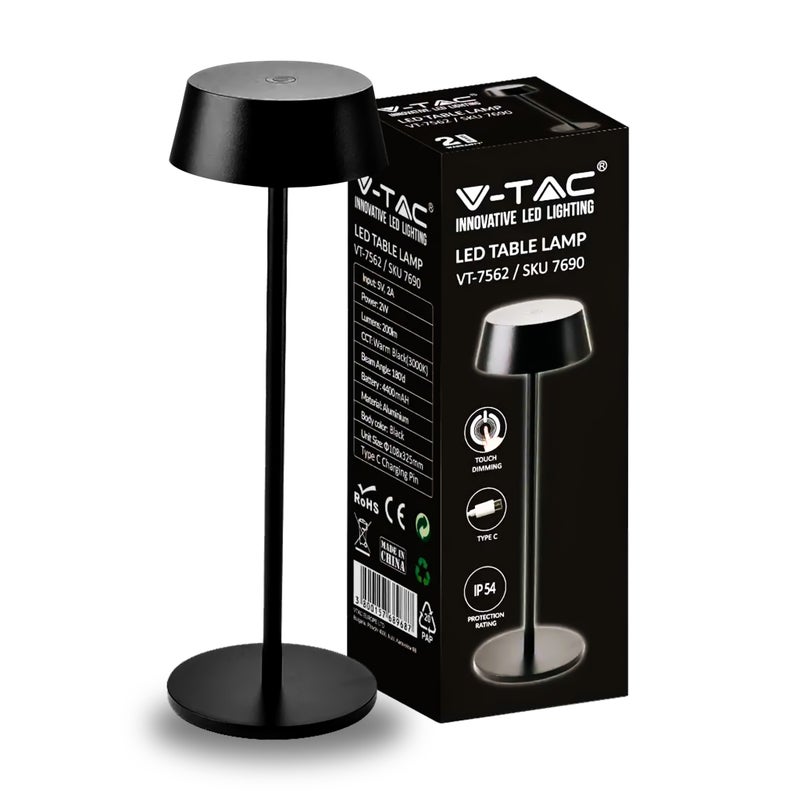 Lampa stołowa LED 2W, kolor czarny, aluminium, ładowalna, z funkcją dotykową USB-C, ściemnialna do 3000K