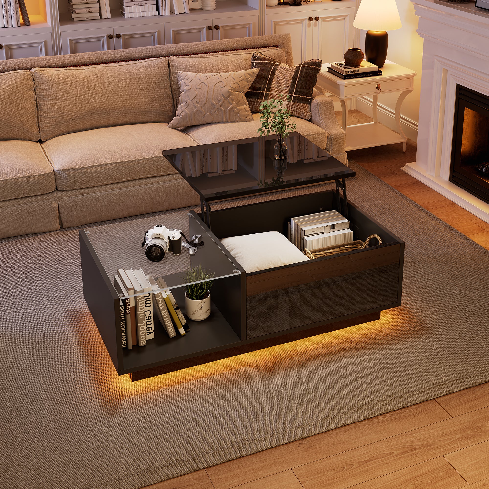 Stolik kawowy LED, stolik kawowy na wysoki połysk, 50 x 100 x (33-46,5) cm, stolik do salonu ze stolikiem kawowym o regulowanej wysokości