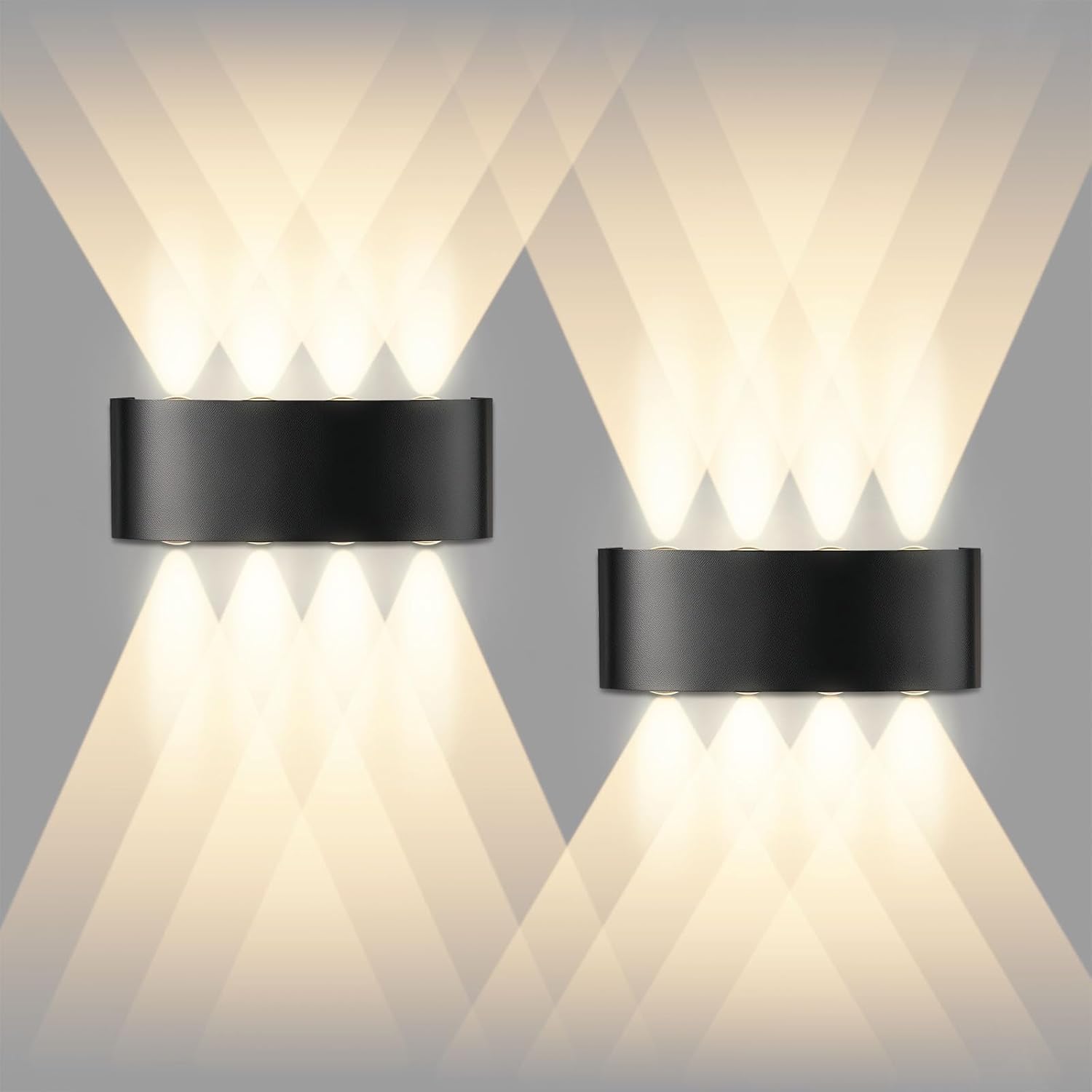 Zestaw 2 czarnych lamp ściennych LED 8 W, do montażu na ścianie wewnątrz/na zewnątrz, IP65, ciepła biel 3000 K, nowoczesne kwadratowe, aluminiowe, z r