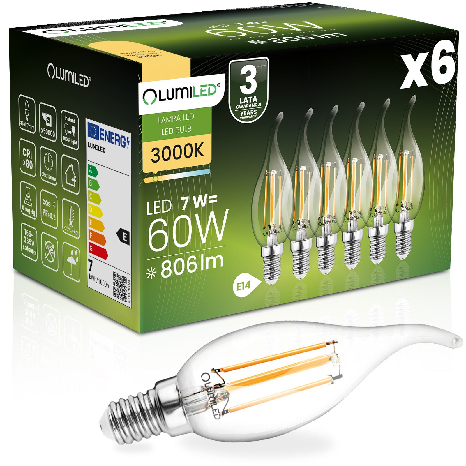 Żarówka LED Lumiled E14 Świeczka BA35 7W 806lm 3000K Ciepła biel 360st Filament 6 szt.