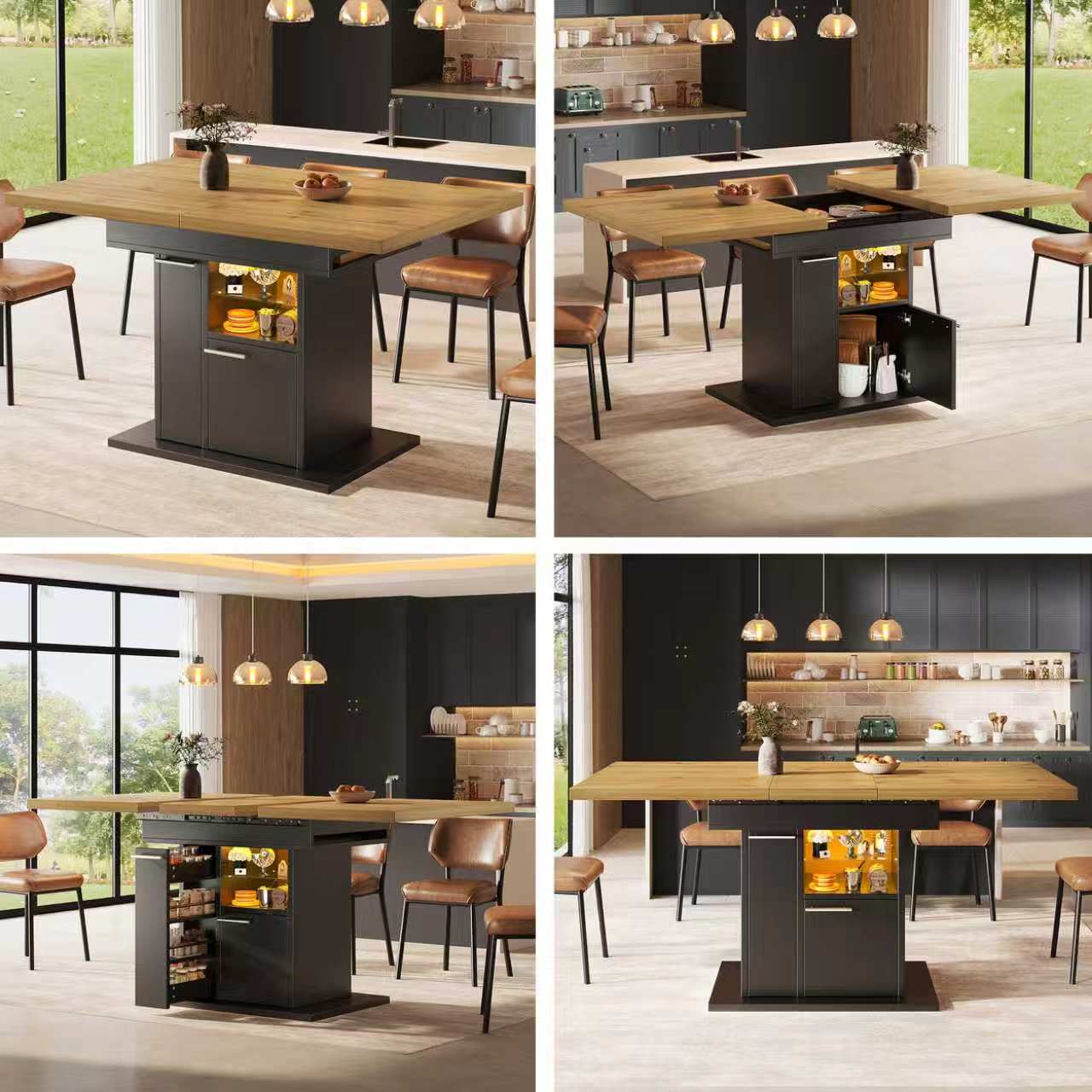 Rozkładany stół jadalny na 4-6 miejsc z wysuwanymi półkami, 1 drzwi - oświetlenie LED - płyta MDF - 110/140 x 80 x 77,2 cm - czarny