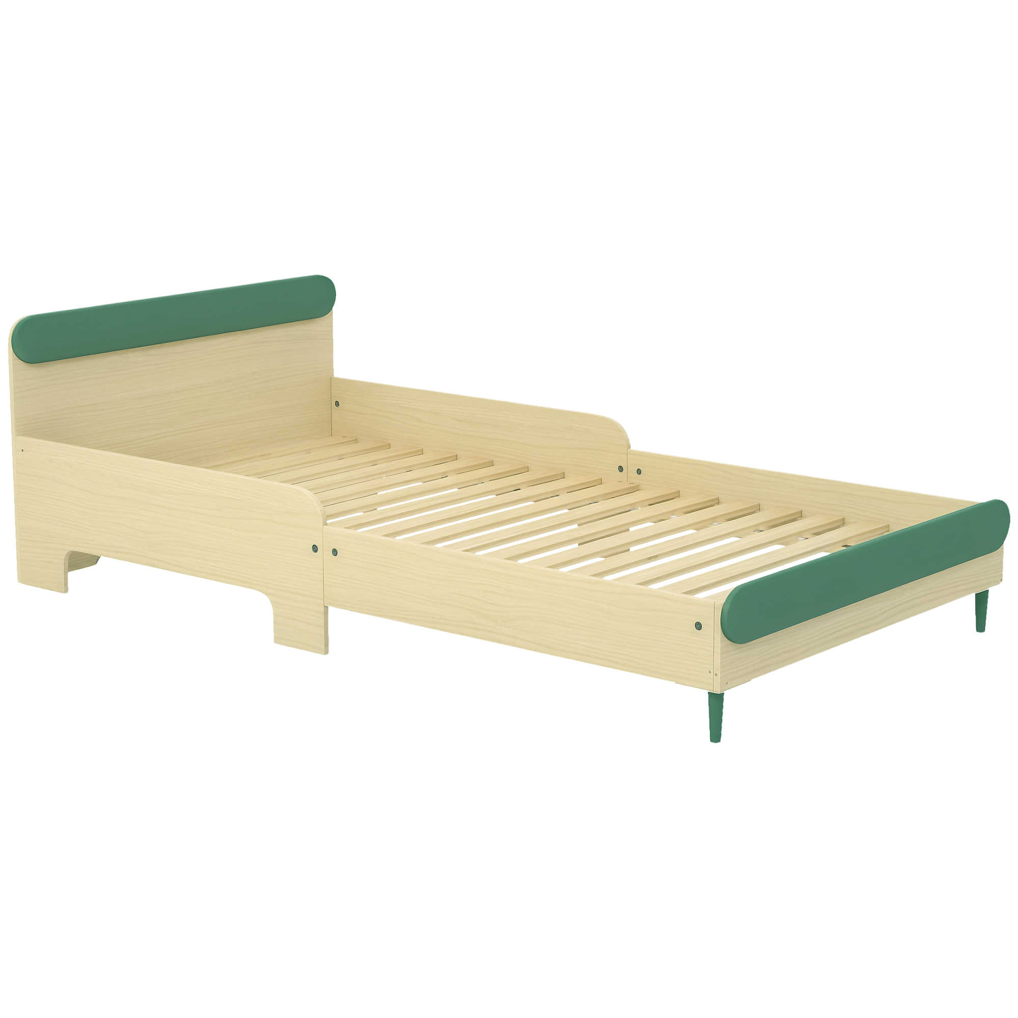 Łóżko dziecięce podłogowe dla dzieci w wieku od 3 do 10 lat z barierką zabezpieczającą, w zestawie stelaż z listew, kolor zielony