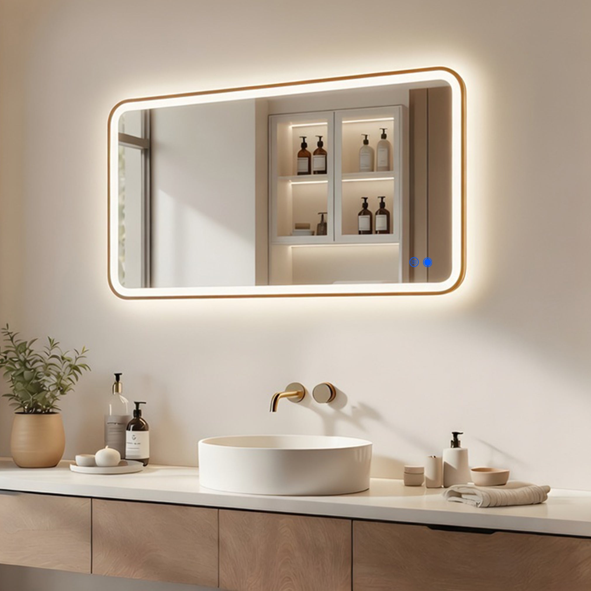 Lustro LED łazienkowe prostokątne arrondi 120x70 cm ARTFORMA – podświetlane, 3 barwy światła, dotykowe, antyzaparowe, rama złoty szczotkowany