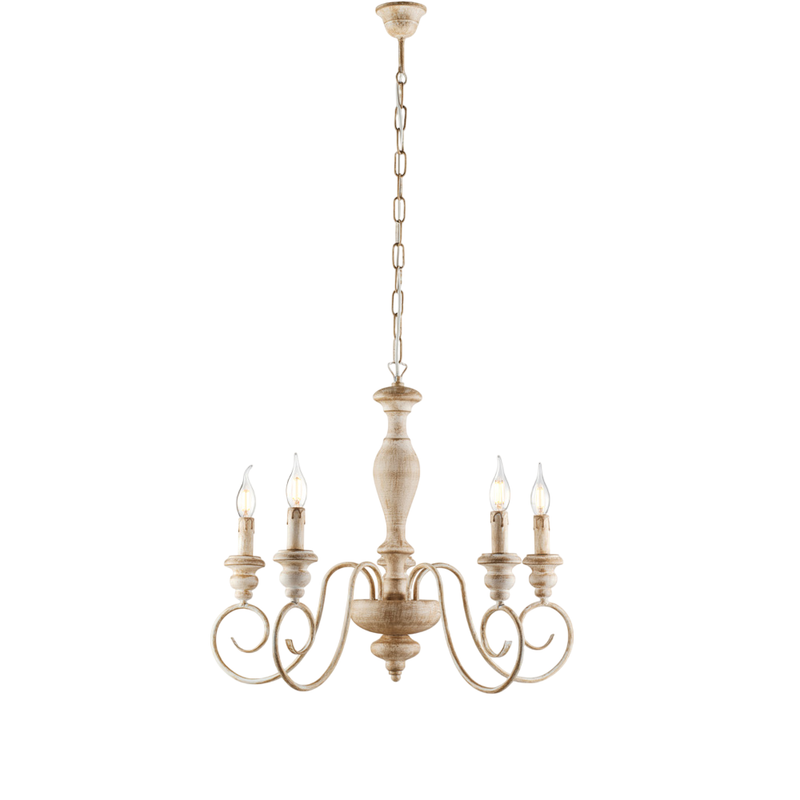 Lampadario in legno e ferro bianco e tortora 5 luci H.55 - MAX 115 - Ø60