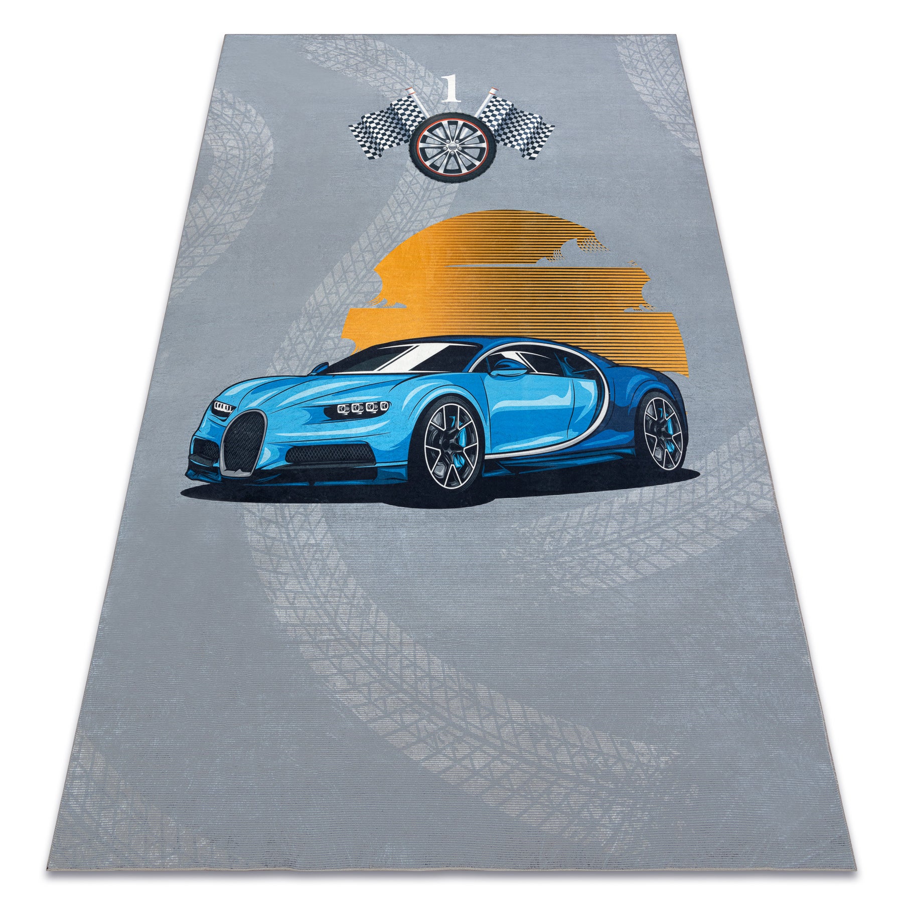 Dywan do prania BAMBINO 41730 Samochód, wyścig dla dzieci, antypoślizgowy - szary / niebieski 200x290 cm