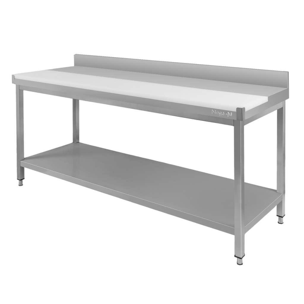 Stół roboczy gastronomiczny ze stali nierdzewnej Mega-M przyścienny z płytą polietylenową i półką 180x60x85 cm
