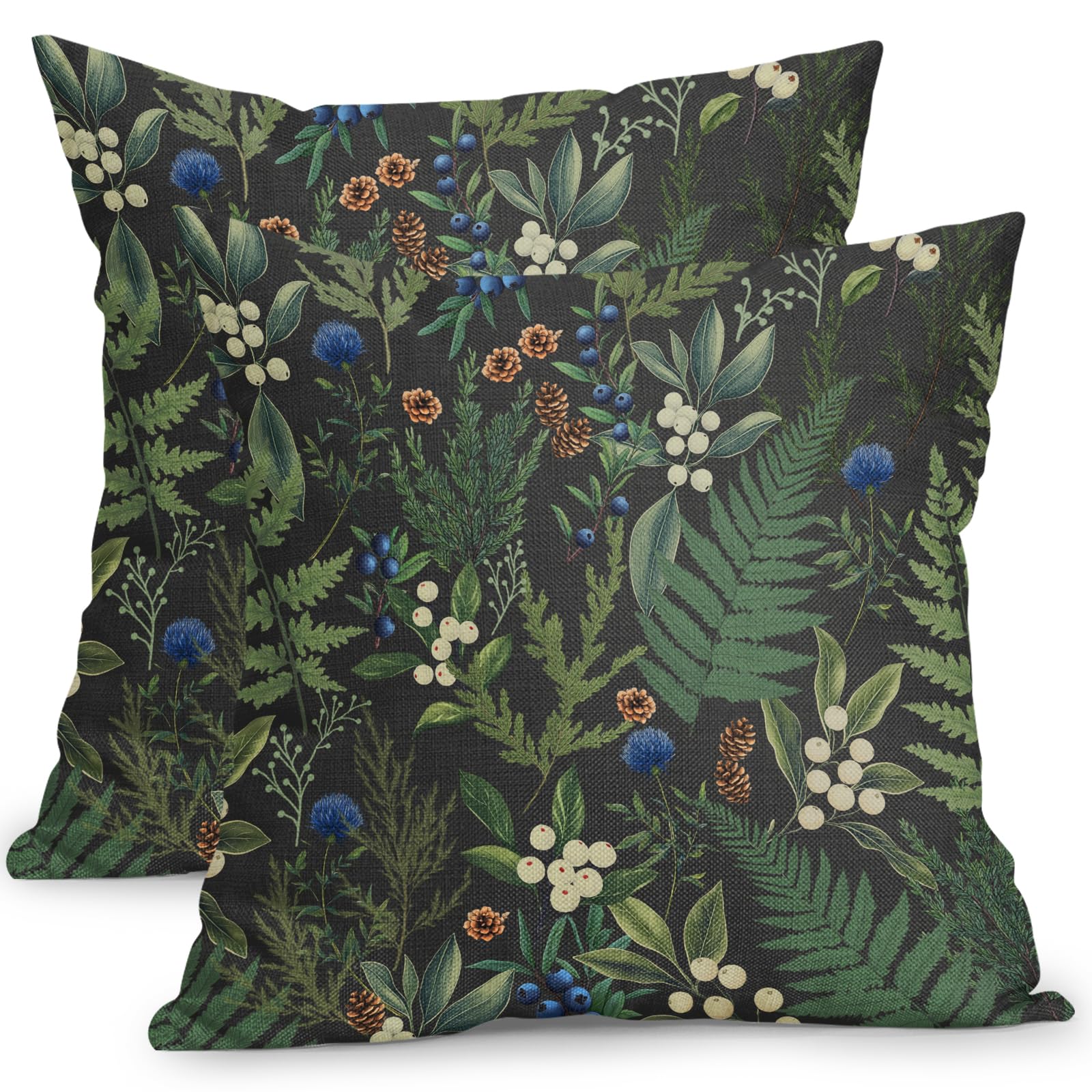 Poszewka na poduszkę z nadrukiem w kwiaty w stylu vintage 24×24 cali, przedstawiająca zielone i czarne liście roślin i kwiaty
