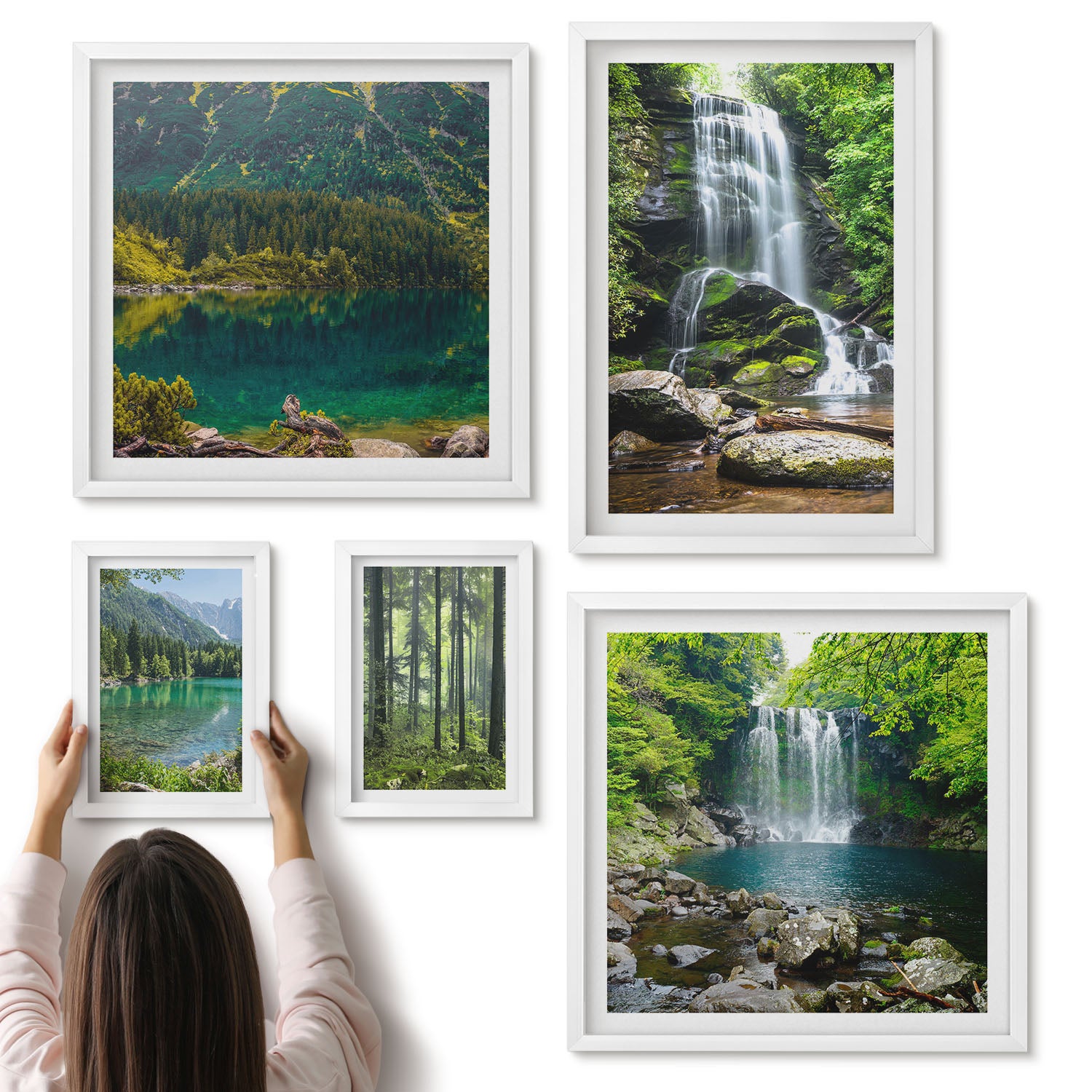 Galeria ścienna 5-częściowy komplet obrazów w białych ramach - Wodospady i leśne krajobrazy w otoczeniu natury - ArtPrintCave