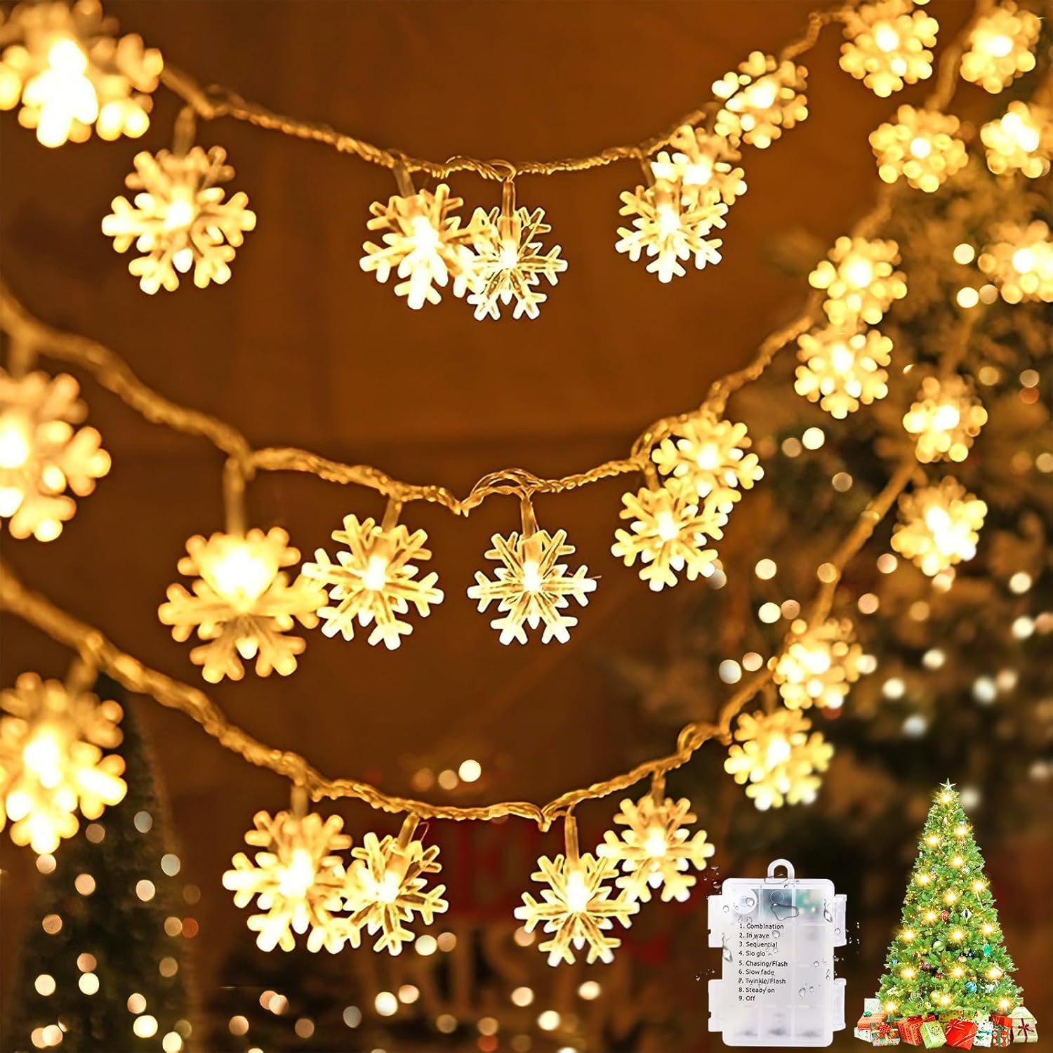 Świąteczne lampki choinkowe, 6 m, 40 diod LED, zasilane bateryjnie, 8 trybów oświetlenia z pamięcią – do użytku wewnątrz i na zewnątrz, na choinkę