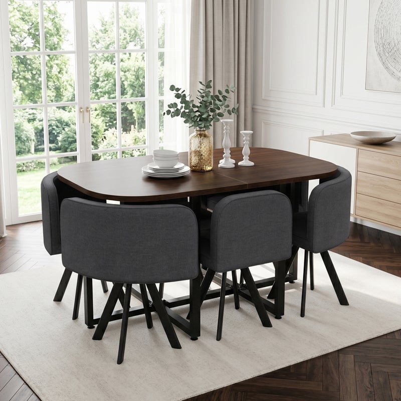 Zestaw stołowy 140 x 90 cm z 4 krzesłami do jadalni bez podłokietników z lnu - metalowa rama i blat z płyty MDF - orzech i szary