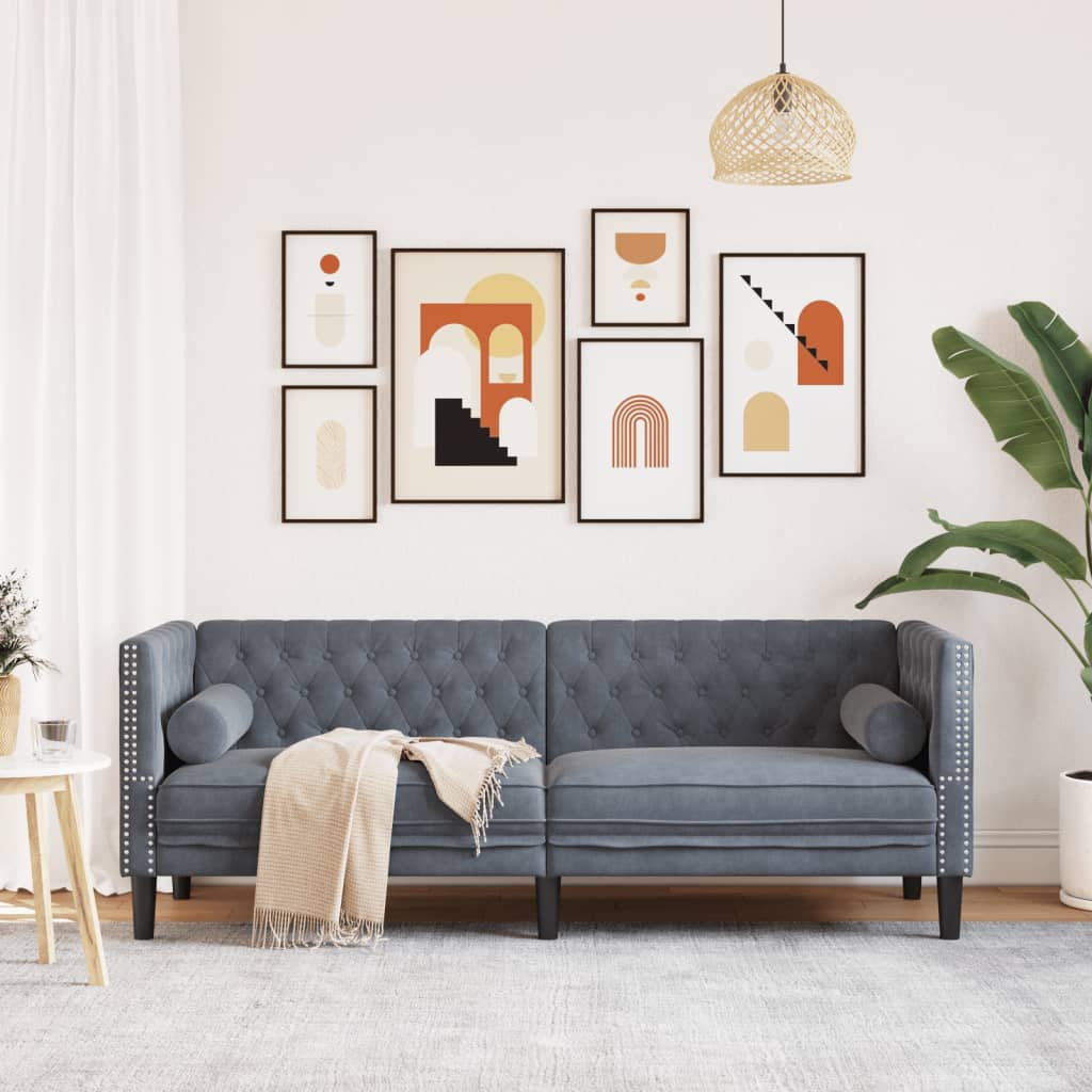 Sofa Chesterfield z wałkami, trzyosobowa, ciemnoszara, aksamit
