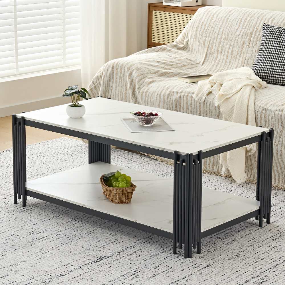 Nowy, elegancki stolik prostokątny z marmurowym efektem i metalowymi nogami, nowoczesny, przestronny, H46/B114/T64 cm.