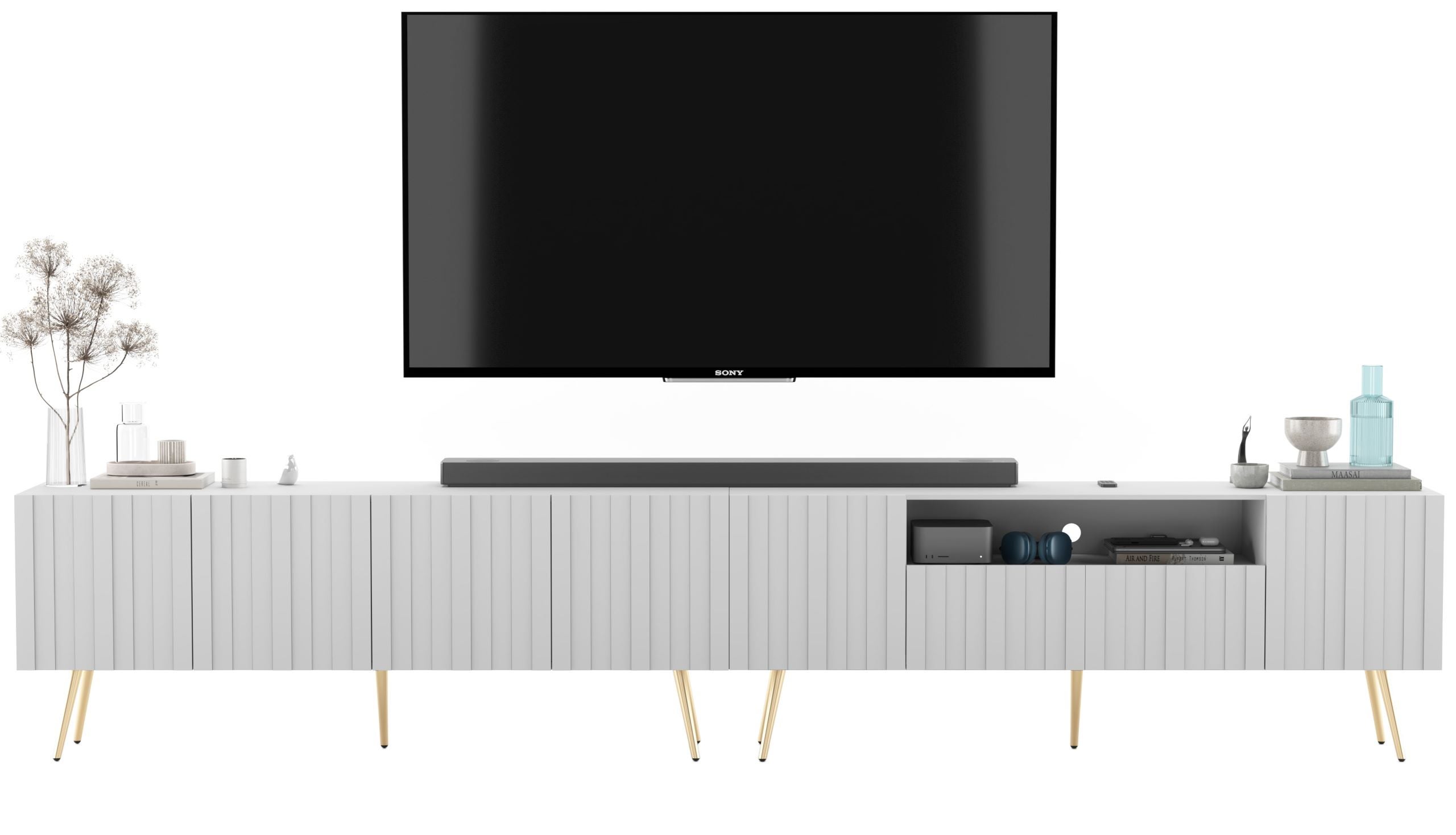 Szafka RTV Glamour 300 cm biały mat, ryflowane fronty, komoda pod telewizor w stylu loft do salonu