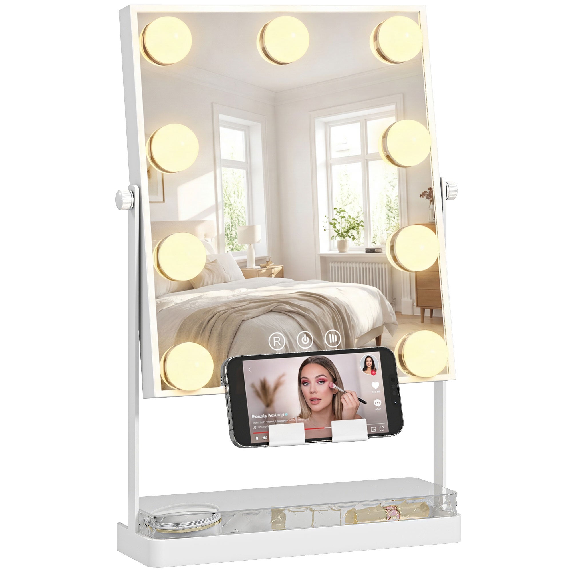 Lustro do makijażu z oświetleniem Hollywood, 9 żarówkami LED, 3 kolory, przełącznikiem dotykowym i uchwytem na telefon – białe