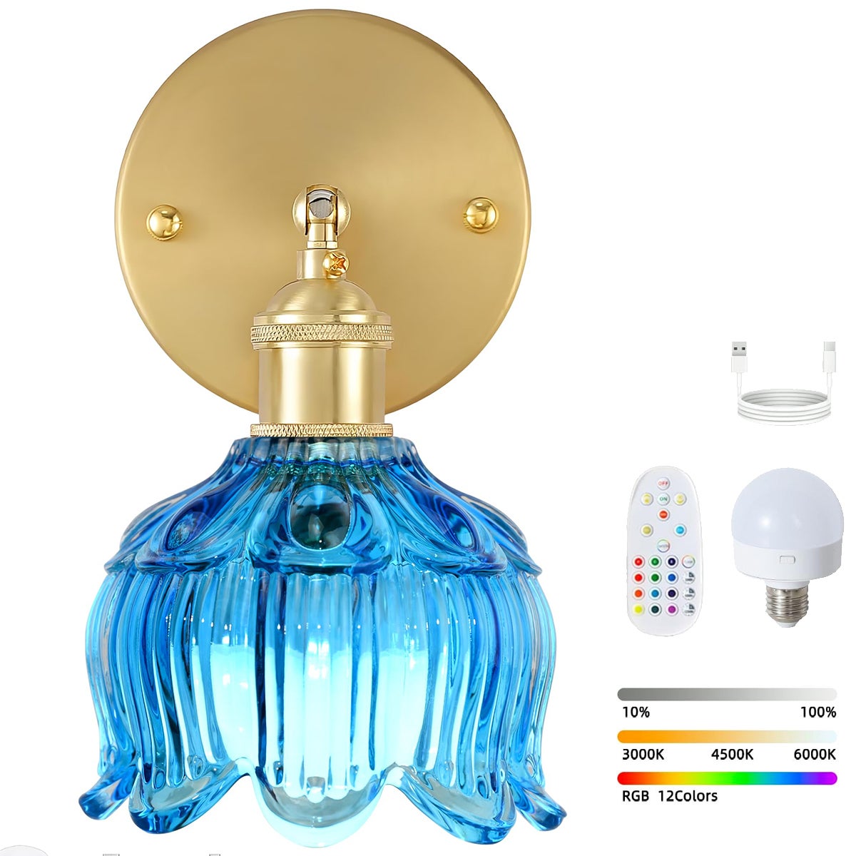 Bezprzewodowa lampa ścienna LED z pilotem, ładowalna lampka nocna, ściemnialna, zmiana kolorów RGB, 3000K-6000K, z żarówką