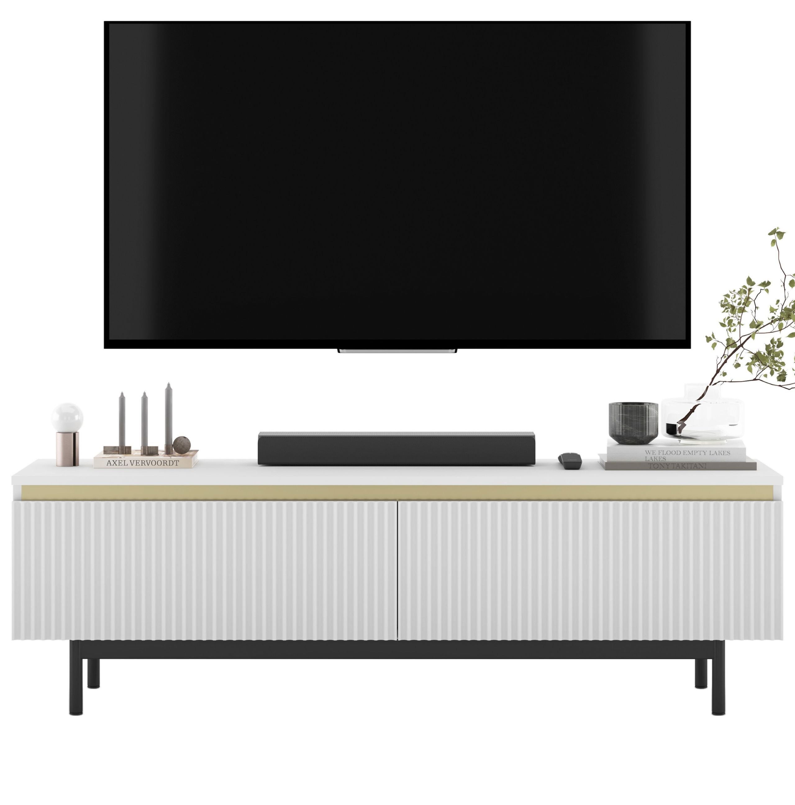 Szafka RTV Glamour 140 cm biały mat, ryflowane fronty, czarna rama, nowoczesna komoda RTV