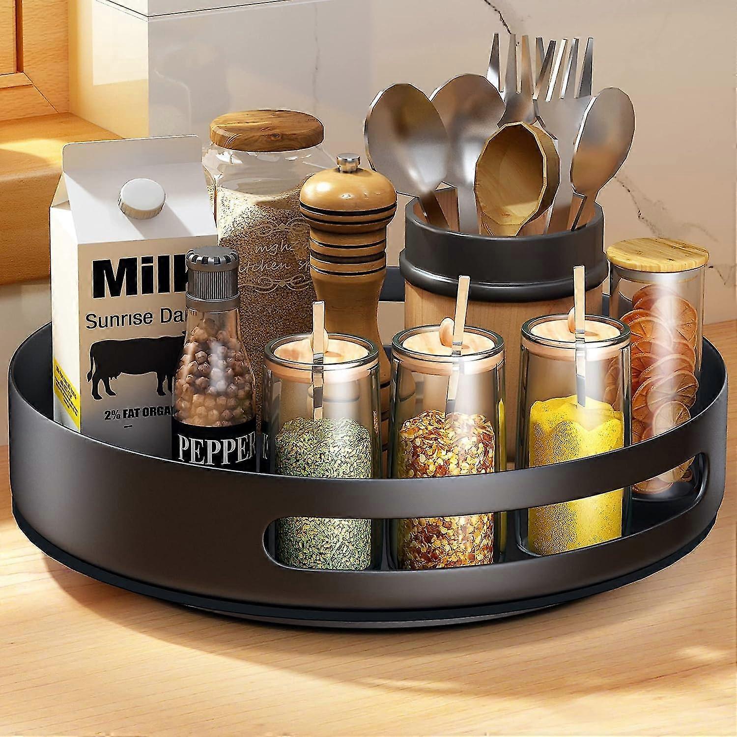 Obrotowa taca Lazy Susan, obrotowy organizer na tace Sayzh, obrotowy stojak na przyprawy do kuchennej spiżarni, metal, stal, 25 cm, czarny