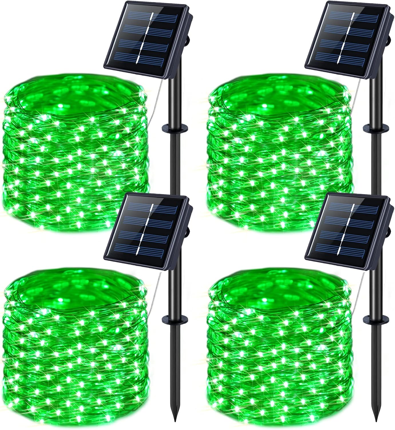 (4 sztuki) Lampki solarne, wodoodporne, 12 metrów, 100 diod LED, 8 trybów, odpowiednie do ogrodów, zielone.