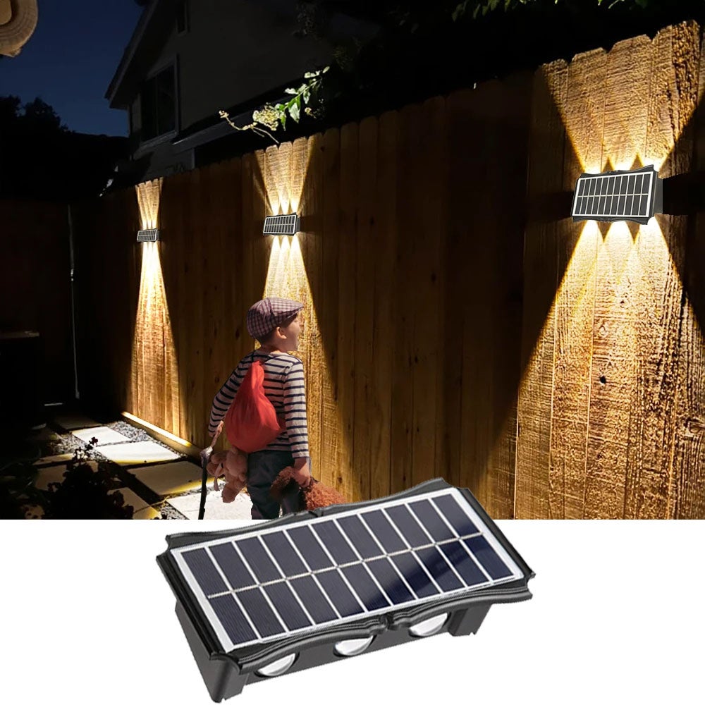 Lampy solarne w ciepłej bieli do użytku zewnętrznego, 6 wodoodpornych LED, kinkiety solarne górne i dolne, światła od zmierzchu do świtu