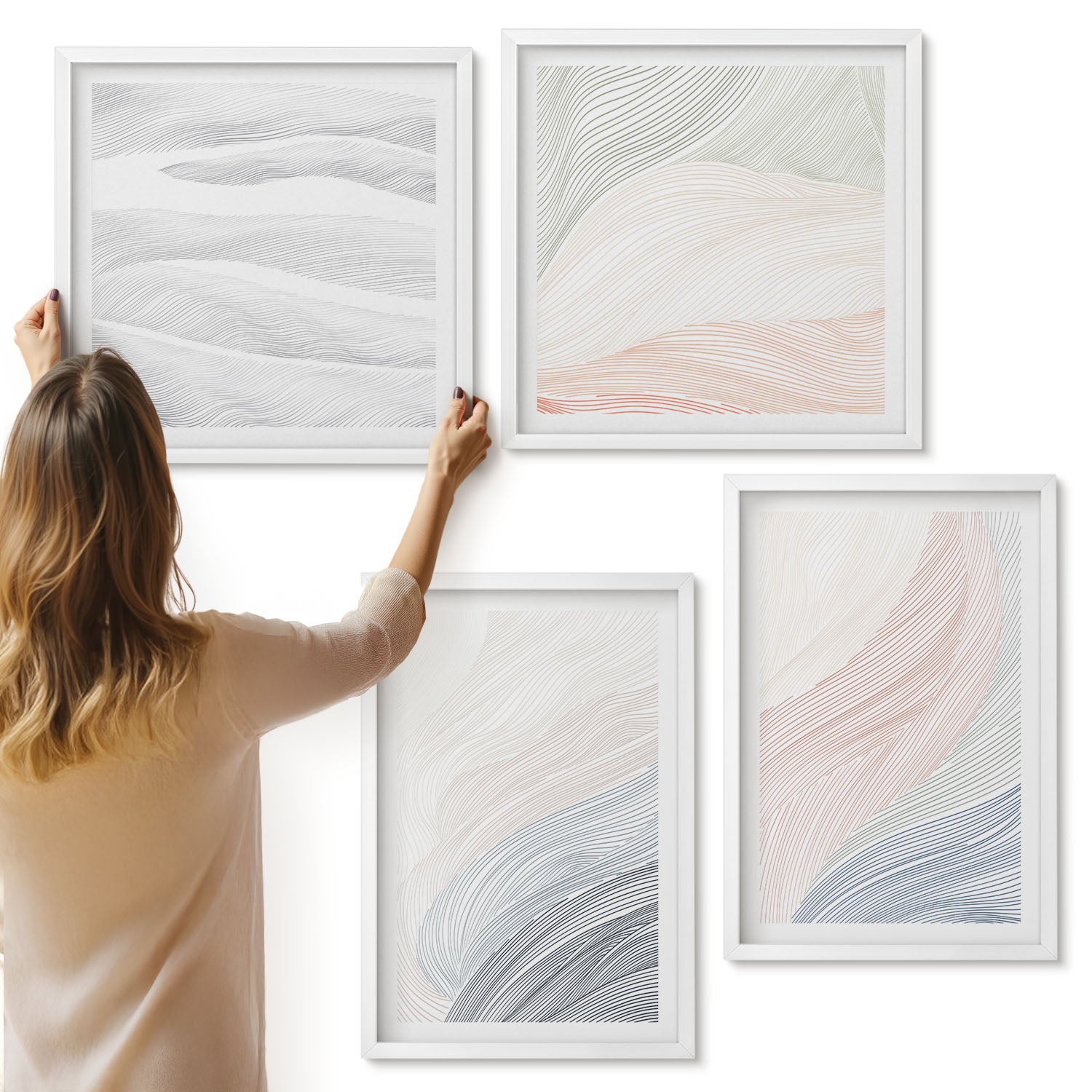Galeria ścienna 4-częściowy komplet obrazów w białych ramach - Abstrakcyjne fale malunek tektury pastelowe barwy - ArtPrintCave