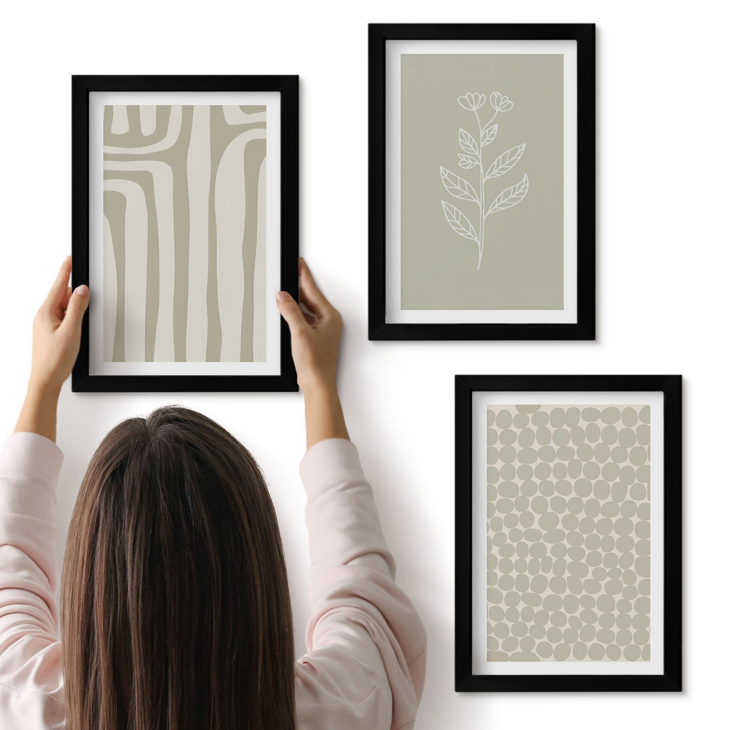 Galeria ścienna 3-częściowy komplet obrazów w czarnych ramach - Wzory roślinne i geometryczne w stonowanej kolorystyce - ArtPrintCave