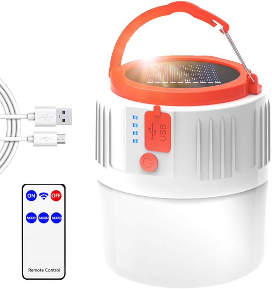 Lampa kempingowa, akumulatorowa latarnia kempingowa LED zasilana energią słoneczną/USB z pilotem do namiotu, wodoodporna IP45, 1200 mAh, do zawieszeni