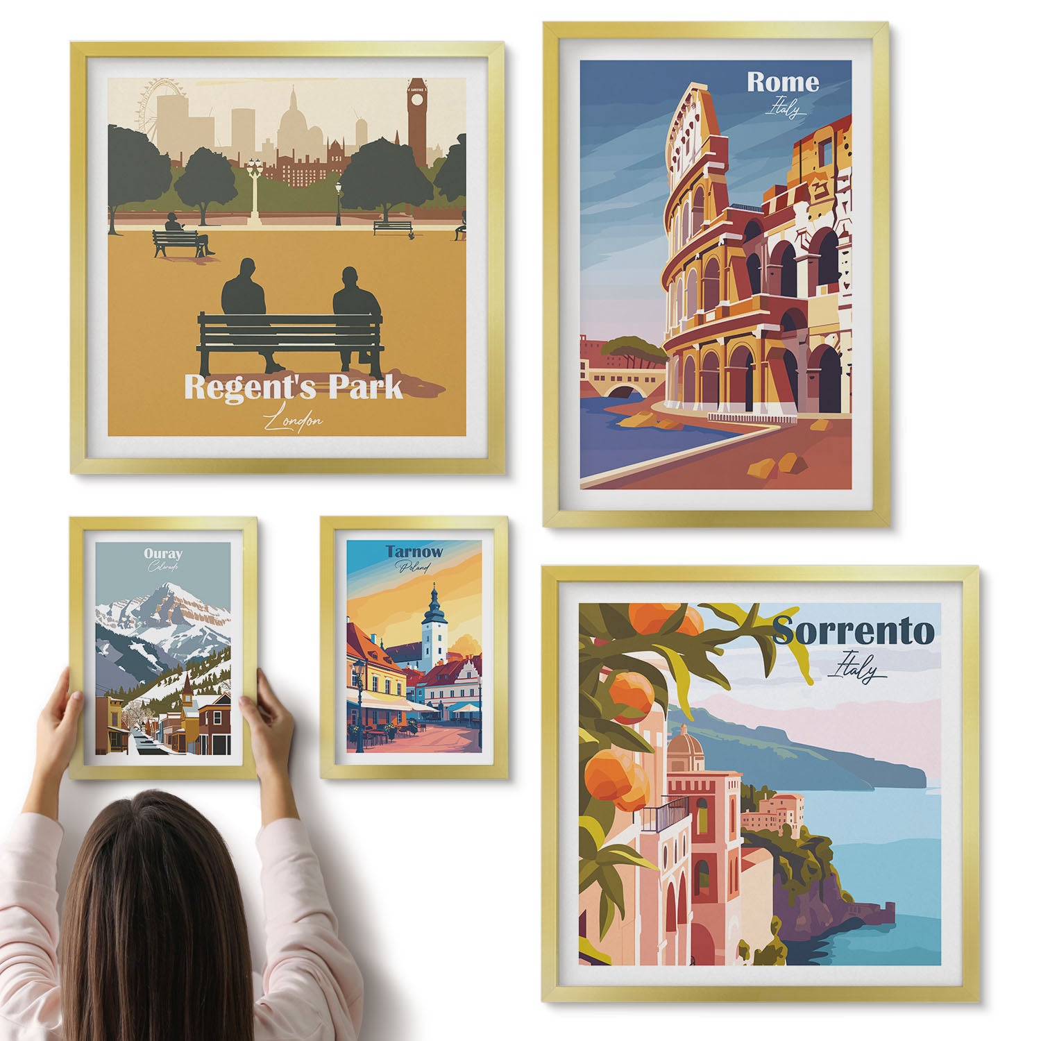 Galeria ścienna 5-częściowy komplet obrazów w złotych ramach - Krajobrazy europejskich miast i malownicze widoki - ArtPrintCave