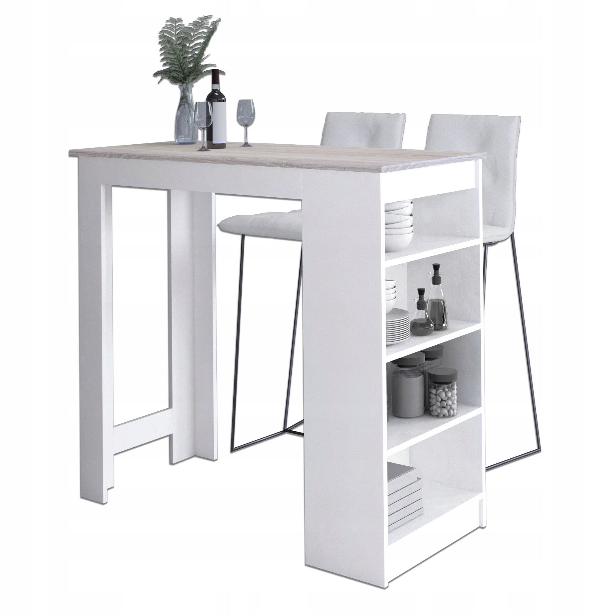 Stolik barowy pod hoker AKORD Biały, Dąb Sonoma 115 cm 4 półki 115x50x103 cm