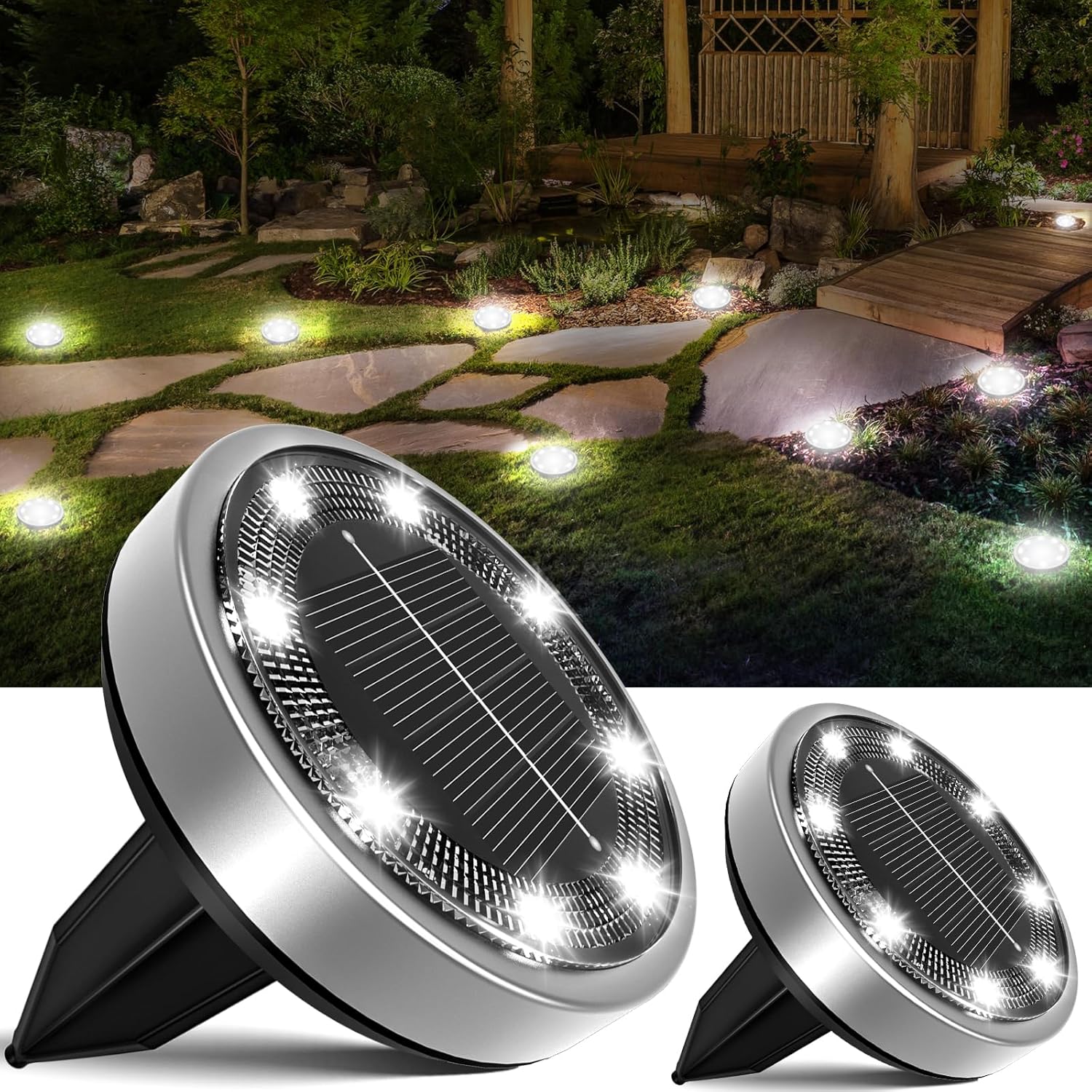Lampa solarna, lampa gruntowa LED, oświetlenie ogrodowe, 8 diod LED, wodoodporna, [zimne białe światło], opakowanie 2 szt.