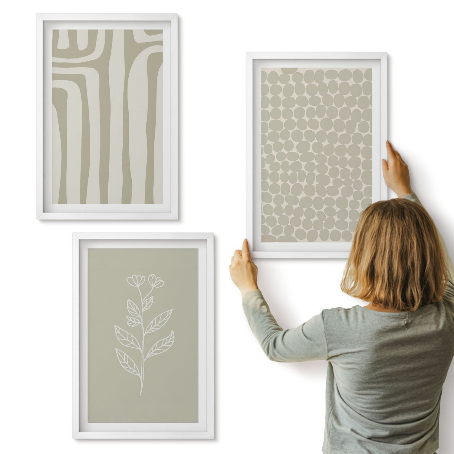 Galeria ścienna 3-częściowy komplet obrazów w białych ramach - Wzory roślinne i geometryczne w stonowanej kolorystyce - ArtPrintCave