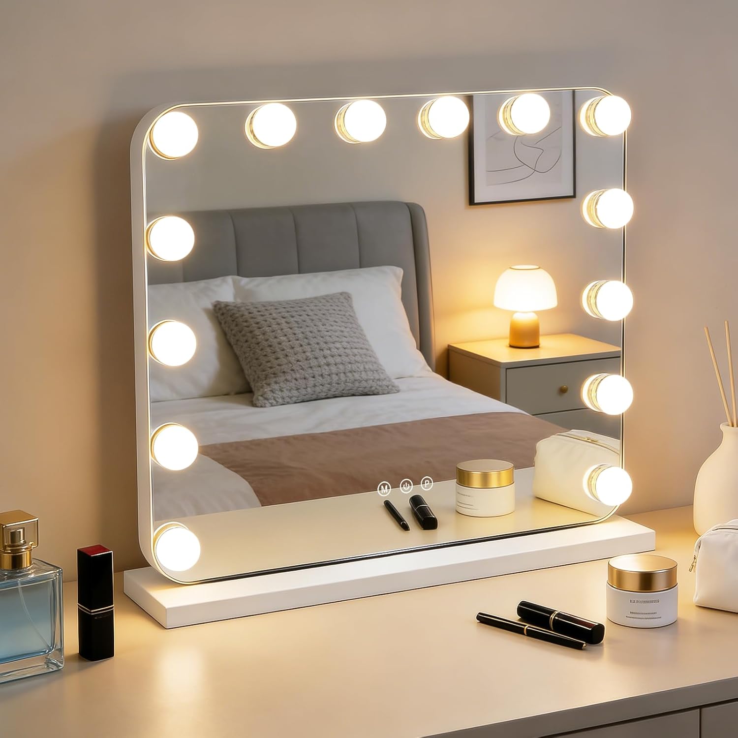 NETTLIFE Hollywood Lustro do makijażu LED 50x40 cm – Lustro stołowe z dotykowym i ściemnialnym podświetleniem, 3 tryby oświetlenia, designerskie