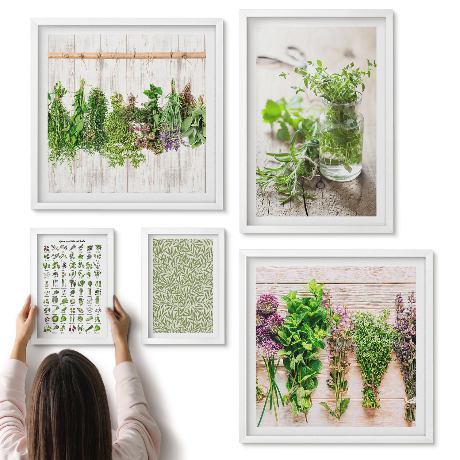 Galeria ścienna 5-częściowy komplet obrazów w białych ramach - Ziołowe inspiracje w naturalnym stylu dekoracyjnym - ArtPrintCave