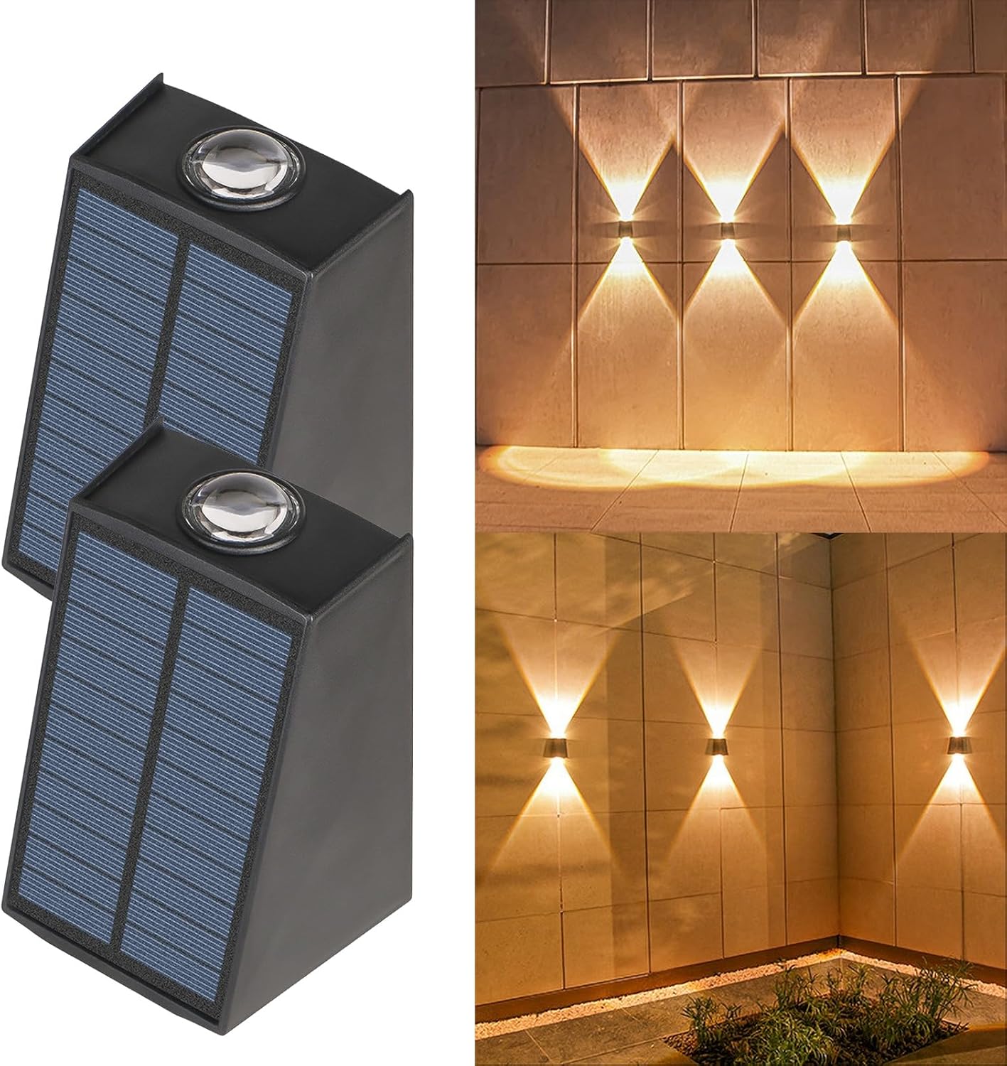 Solarna lampa ścienna zewnętrzna LED, lampa ogrodowa, wodoodporna dekoracyjna lampa ścienna (ciepłe światło, 2 sztuki)