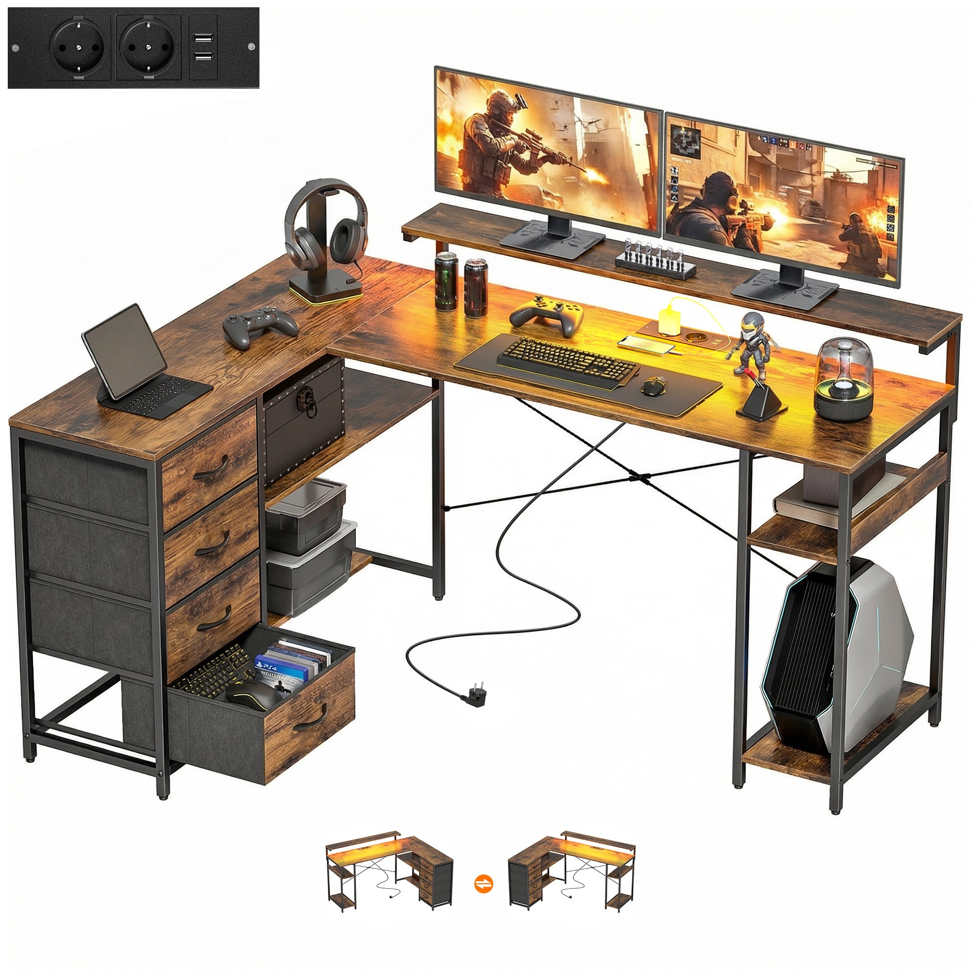 Biurko gamingowe w kształcie litery L z gniazdem elektrycznym, oświetleniem LED, 4 szufladami, podstawą pod monitor, 155 x 110 x 91,4 cm, brązowe