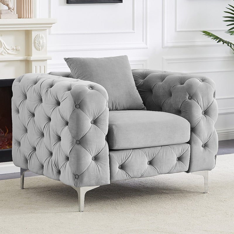 Fotel Chesterfield z weluru jasnoszary – EDWINA