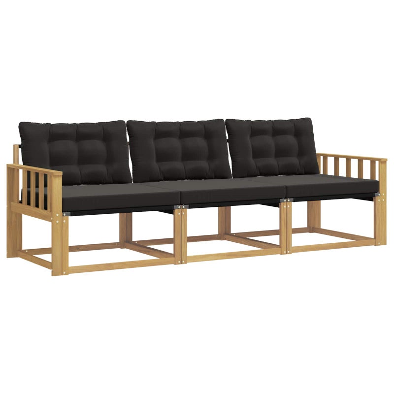 Sofa Ogrodowa Modułowa 3-Osobowa Drewniana z Czarnymi Poduszkami na Taras
