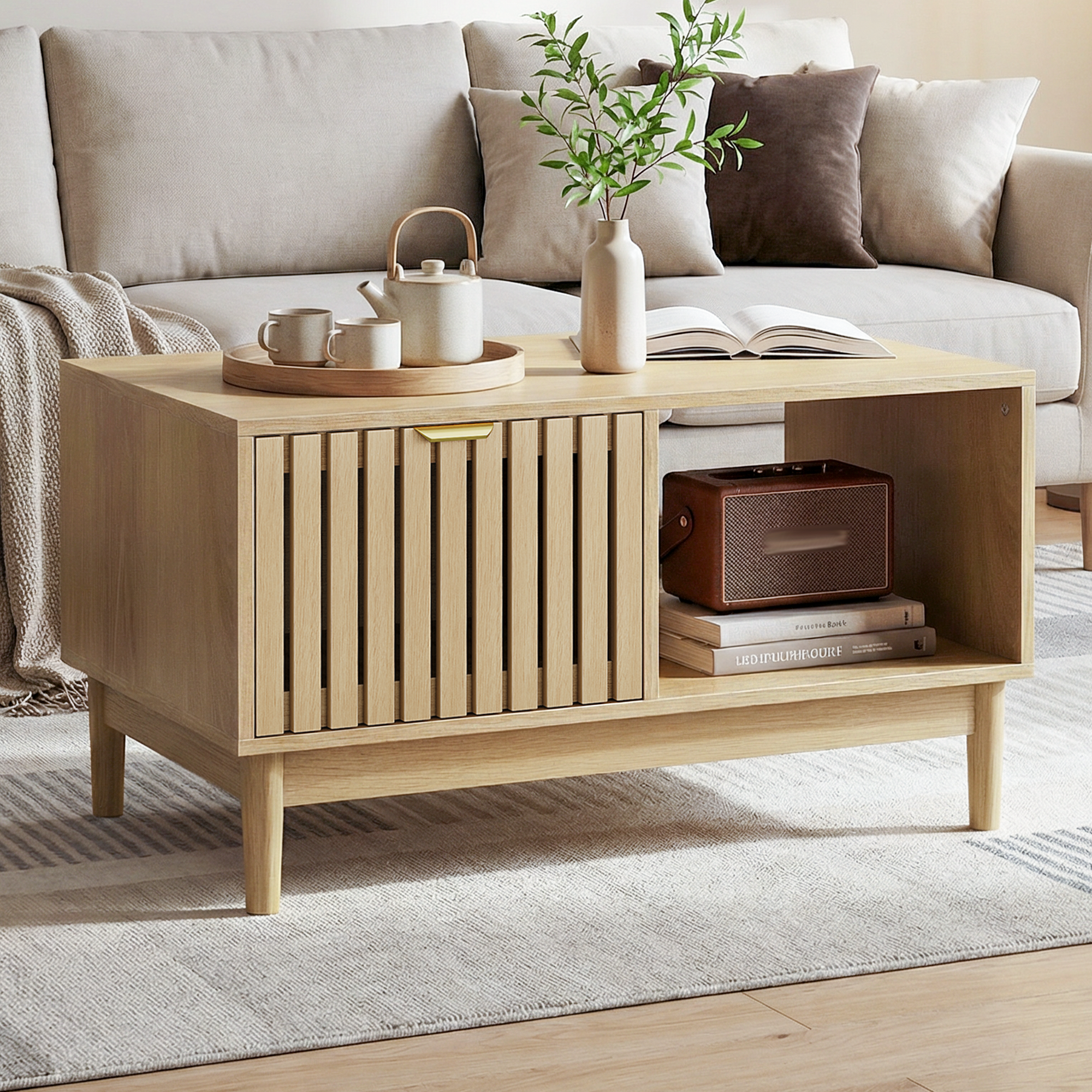 Stolik kawowy w stylu mid-century modern 80 cm, środkowy stolik do salonu o konstrukcji kratowej, z jedną szufladą
