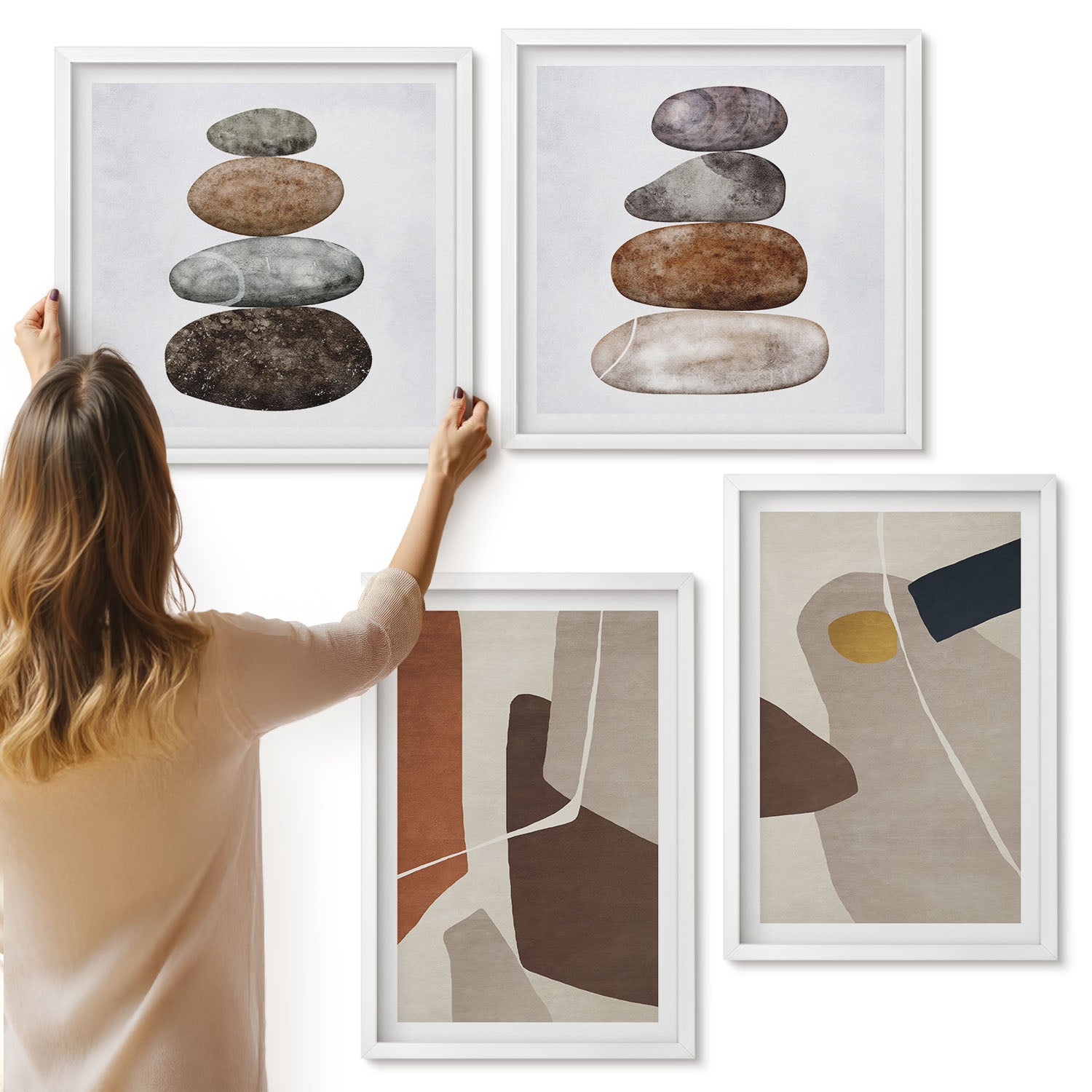 Galeria ścienna 4-częściowy komplet obrazów w białych ramach - Abstrakcyjne malarstwo boho kształty w nowoczesnym stylu - ArtPrintCave