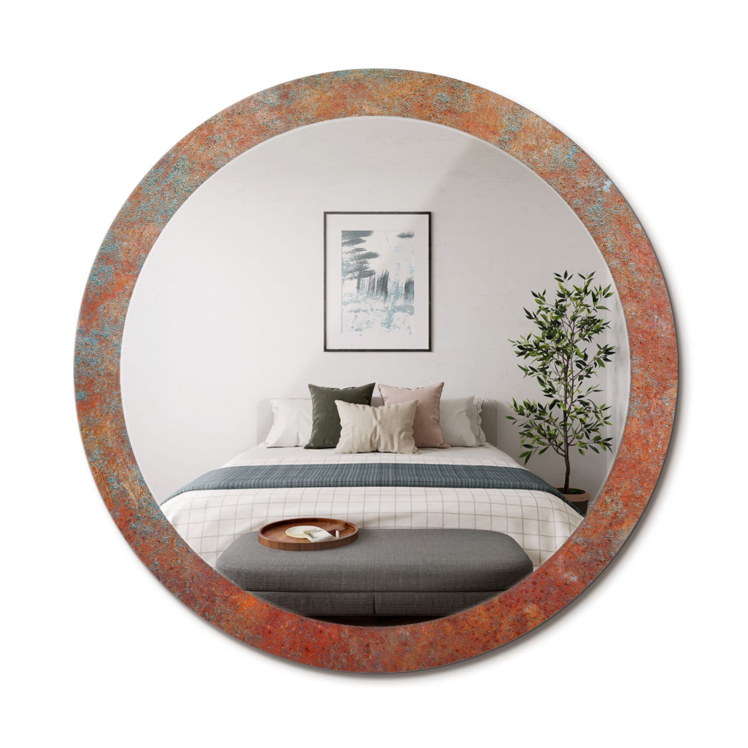Dekoracyjne lustro z nadrukiem, okrągła forma, szklana oprawa Rdzawy metal - 90 cm - ArtPrintCave