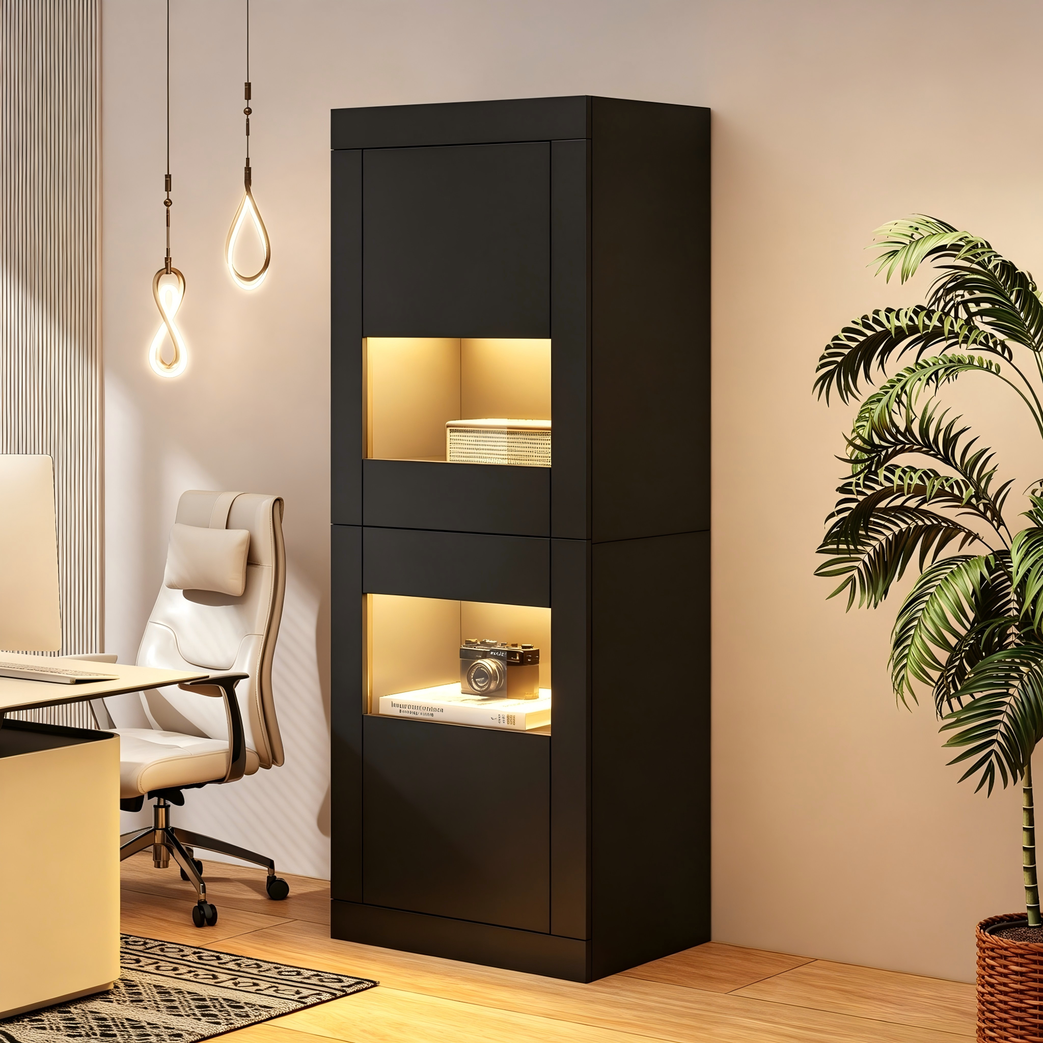 Witryna z 2 drzwiami akrylowymi, regulowanymi szklanymi półkami i diodami LED - Płyta wiórowa - 61 × 42 × 162 cm - Czarny
