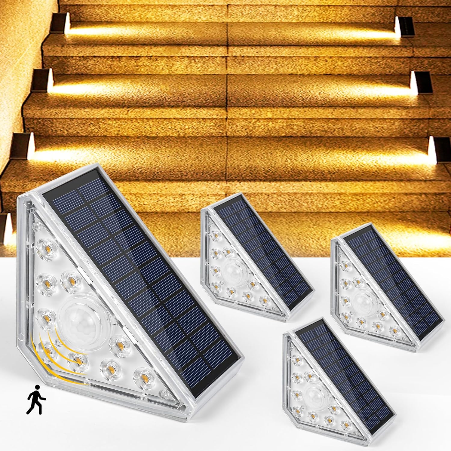 Lampy schodowe zasilane energią słoneczną, diody LED 300 lm, z czujnikiem ruchu, wodoodporne IP67, opakowanie 4 sztuk.