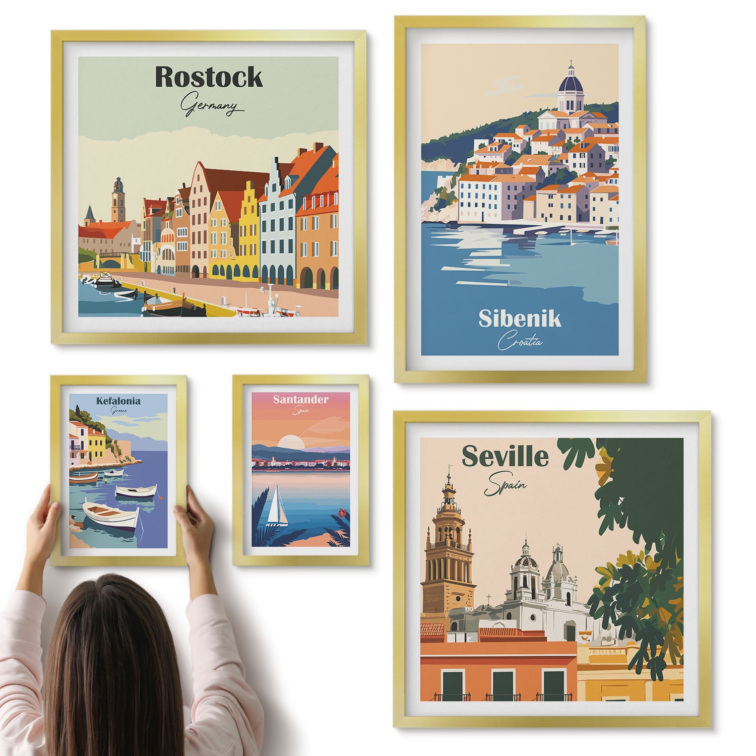 Galeria ścienna 5-częściowy komplet obrazów w złotych ramach - Krajobrazy europejskich miast nadmorskich i portowych - ArtPrintCave