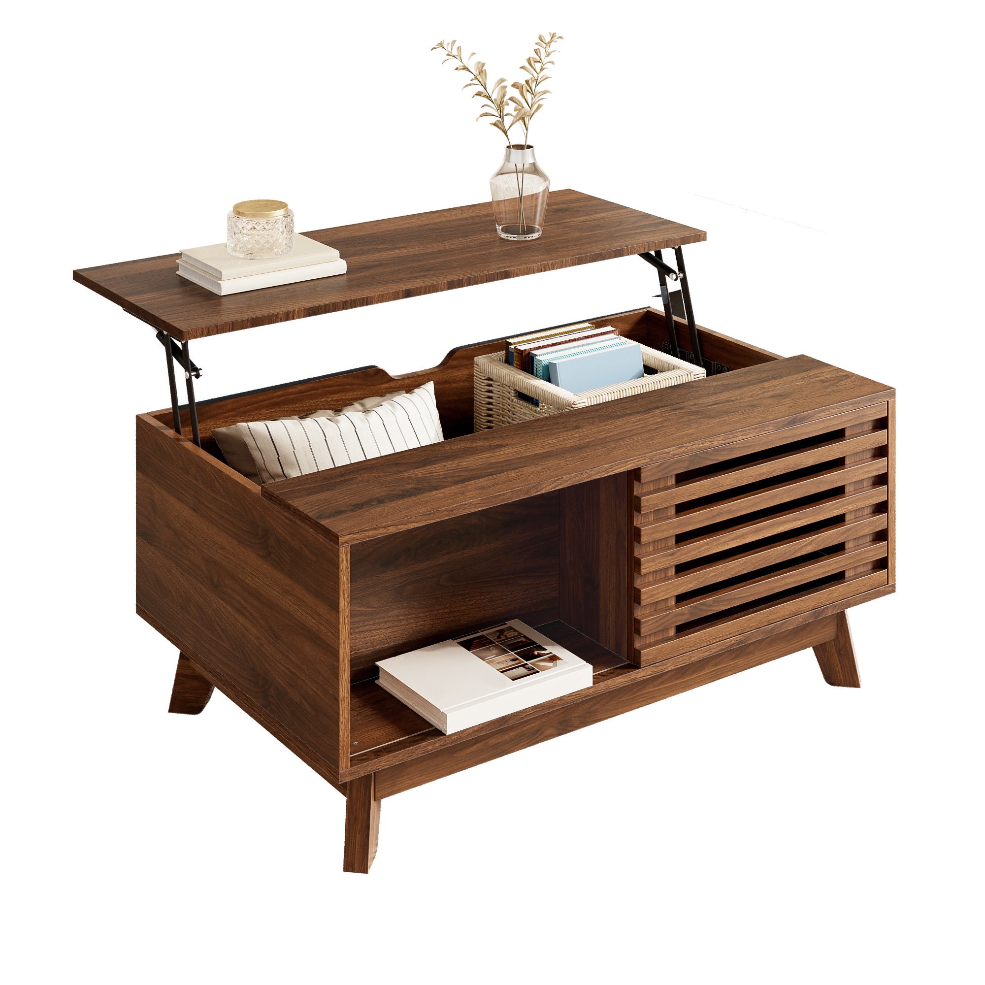 Stolik kawowy Modern Retro, blat z regulacją wysokości, drzwi przesuwne, wygląd orzecha, korpus MDF, wielofunkcyjny stół do salonu