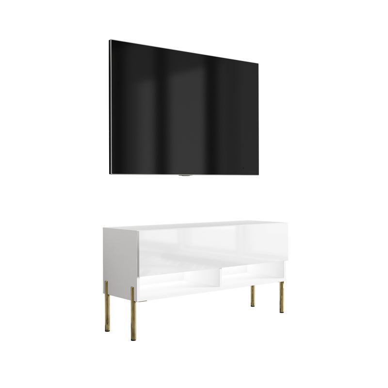 Szafka pod telewizor 100 cm Biały Mat / Biały Połysk, nóżki proste złote, LED biały, 100 × 32 × 52 cm