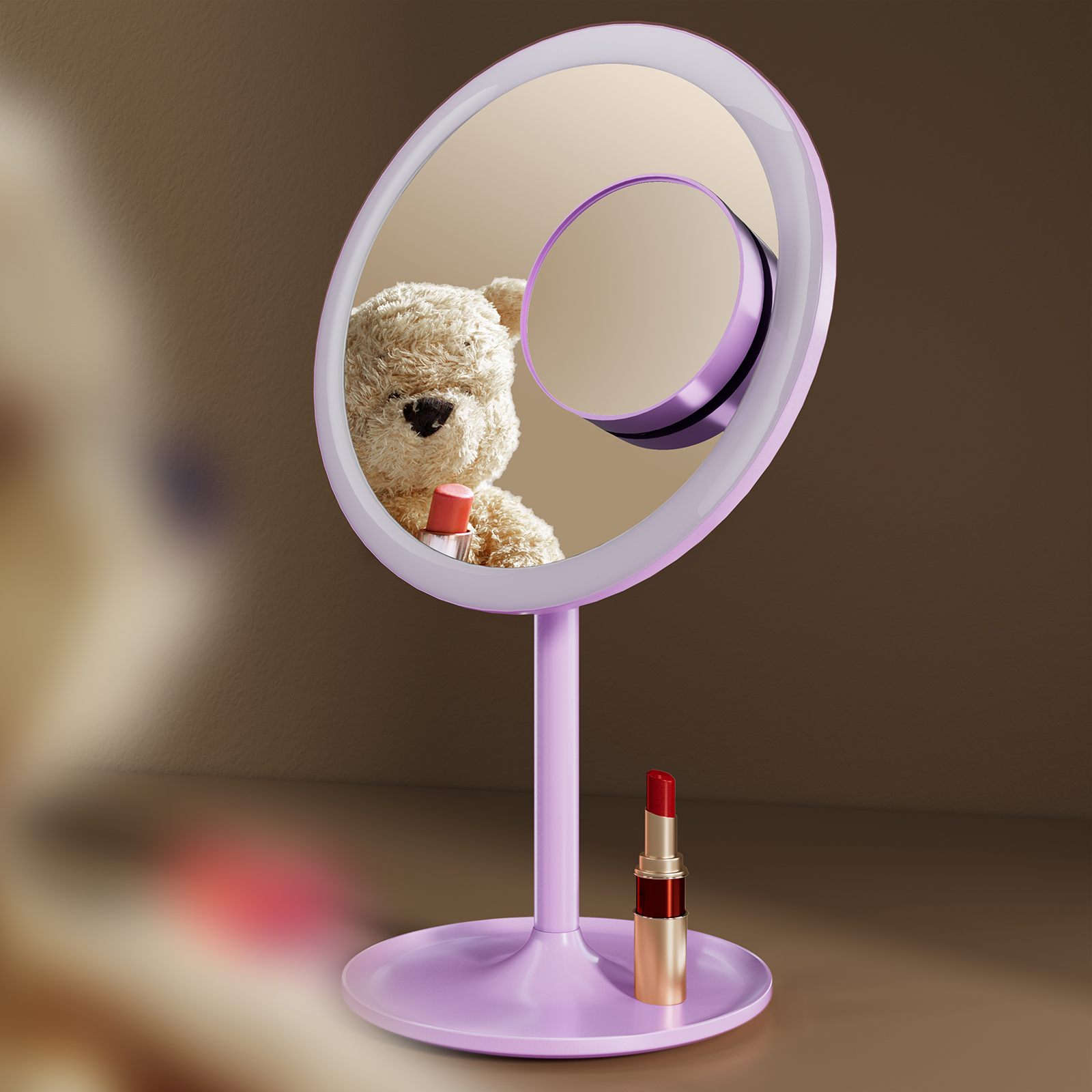 EMKE Lusterko kosmetyczne LED na stojaku 20 cm - 3 kolory, regulacja jasności, lusterko 1X + 3X, ładowalne, lawendowe