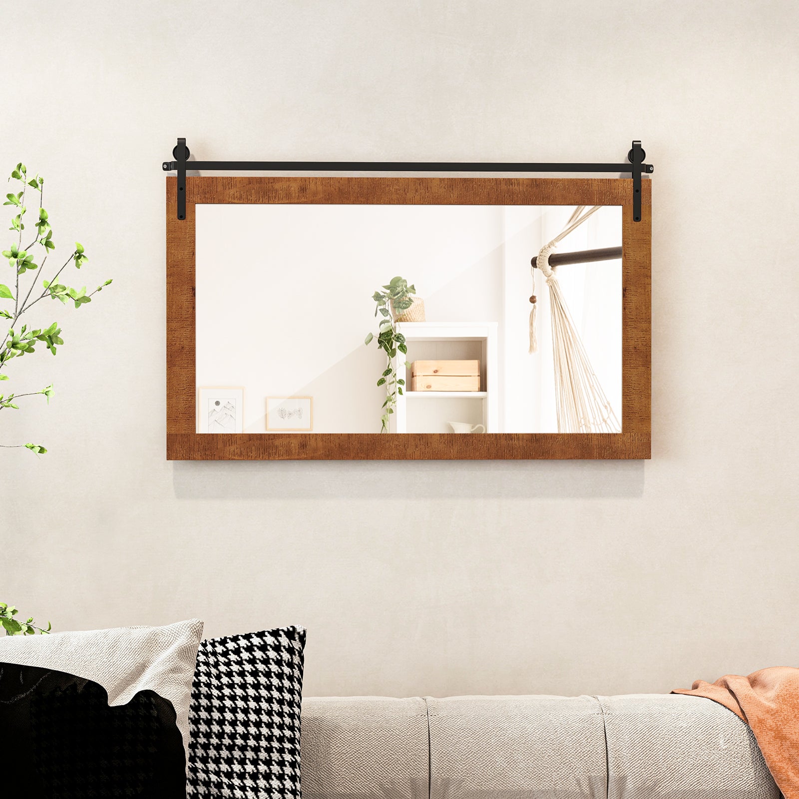 Prostokątne lustro ścienne 100 x 66 cm, rama z litego drewna, styl drzwi stodoły, metalowy wspornik, duże rustykalne lustro ścienne, brązowe