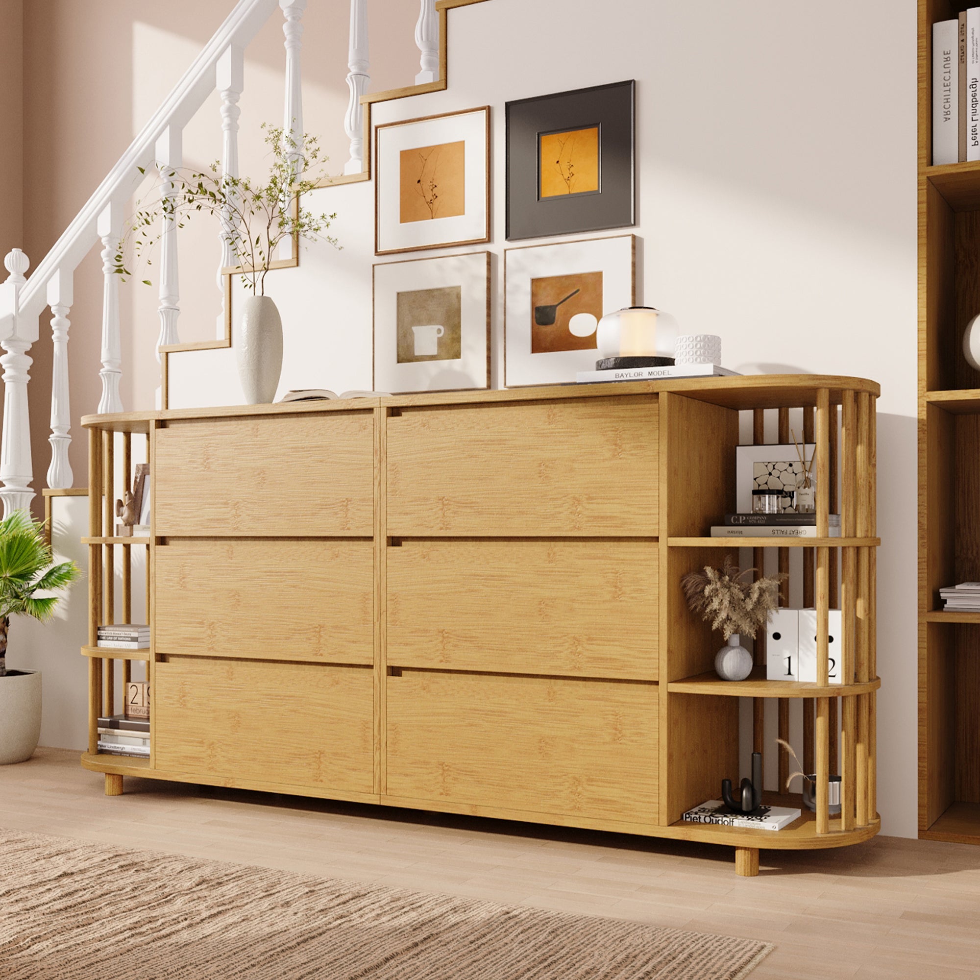 Komoda w kolorze dębu 160x40x75cm - z 6 szufladami - z otwartymi półkami - styl romański - naturalna