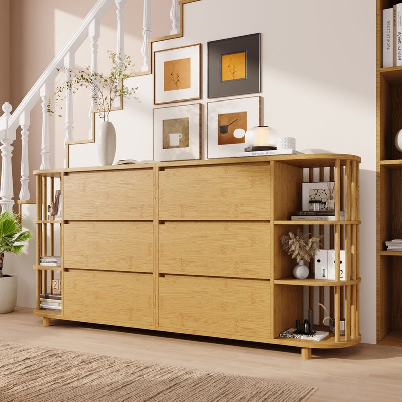 Komoda w kolorze dębu 160x40x75cm - z 6 szufladami - z otwartymi półkami - styl romański - naturalna
