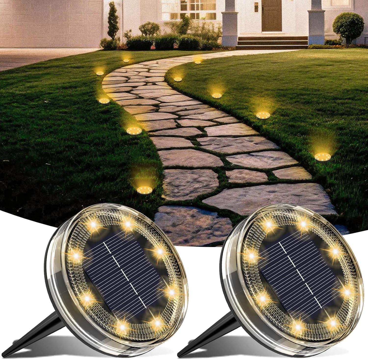 Zestaw 2 lamp solarnych do gruntu, 8 lamp solarnych LED do ogrodu, wodoszczelność IP68, zewnętrzne reflektory solarne do ścieżek, trawników, tar